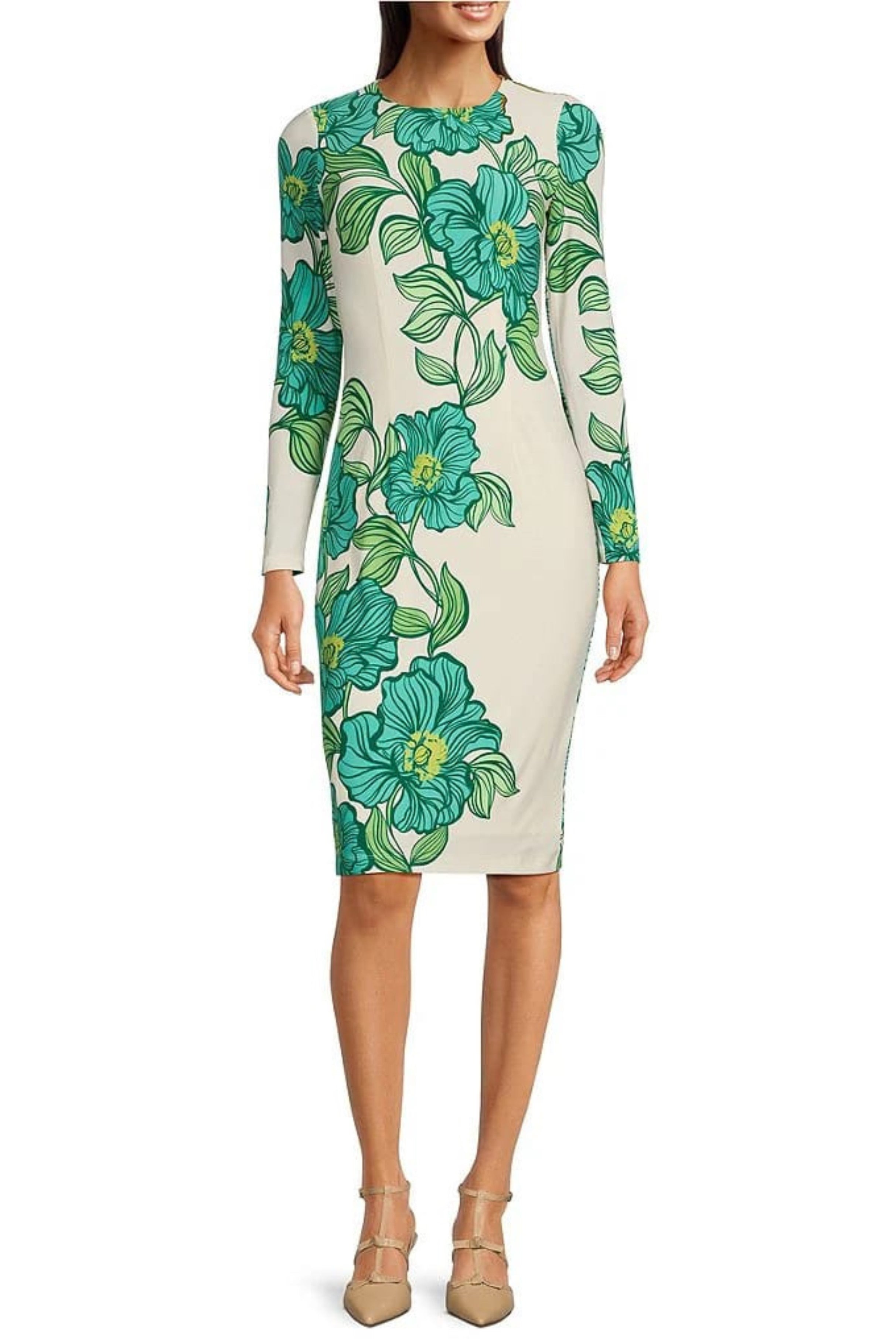 Maggy London Floral Long Sleeve Knit Midi Dress - White/ GREEN