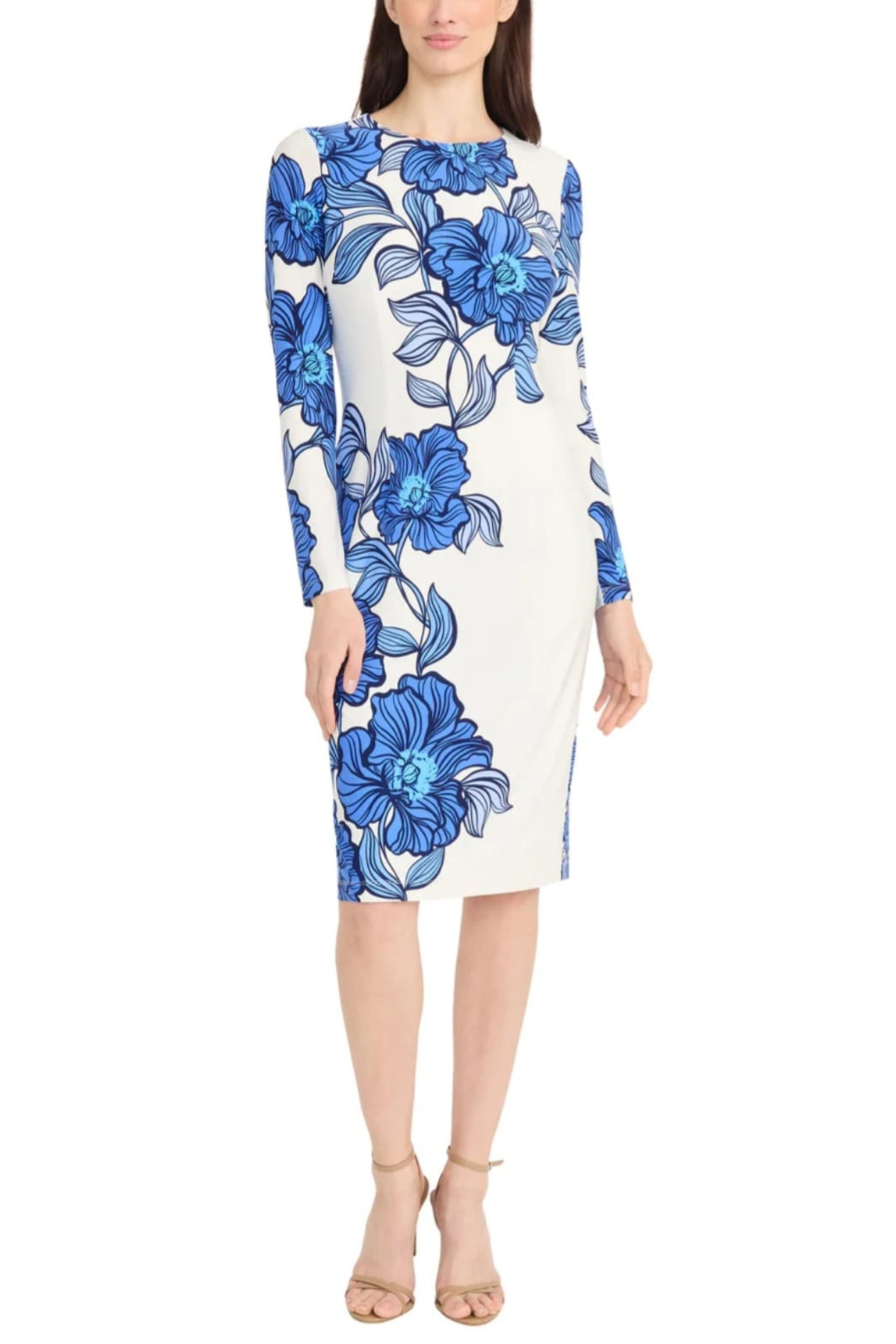 Floral Print Long Sleeve Sft Wht Navy Round Neckline Jersey Sheath Dress by Maggy London G5925M