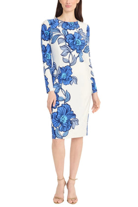 Maggy London G5925M Floral Print Long Sleeve Sft Wht Navy Round Neckline Jersey Sheath Dress