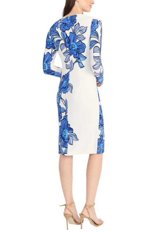 Floral Print Long Sleeve Sft Wht Navy Round Neckline Jersey Sheath Dress by Maggy London G5925M