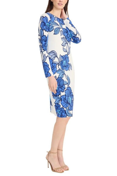 Floral Print Long Sleeve Sft Wht Navy Round Neckline Jersey Sheath Dress by Maggy London G5925M