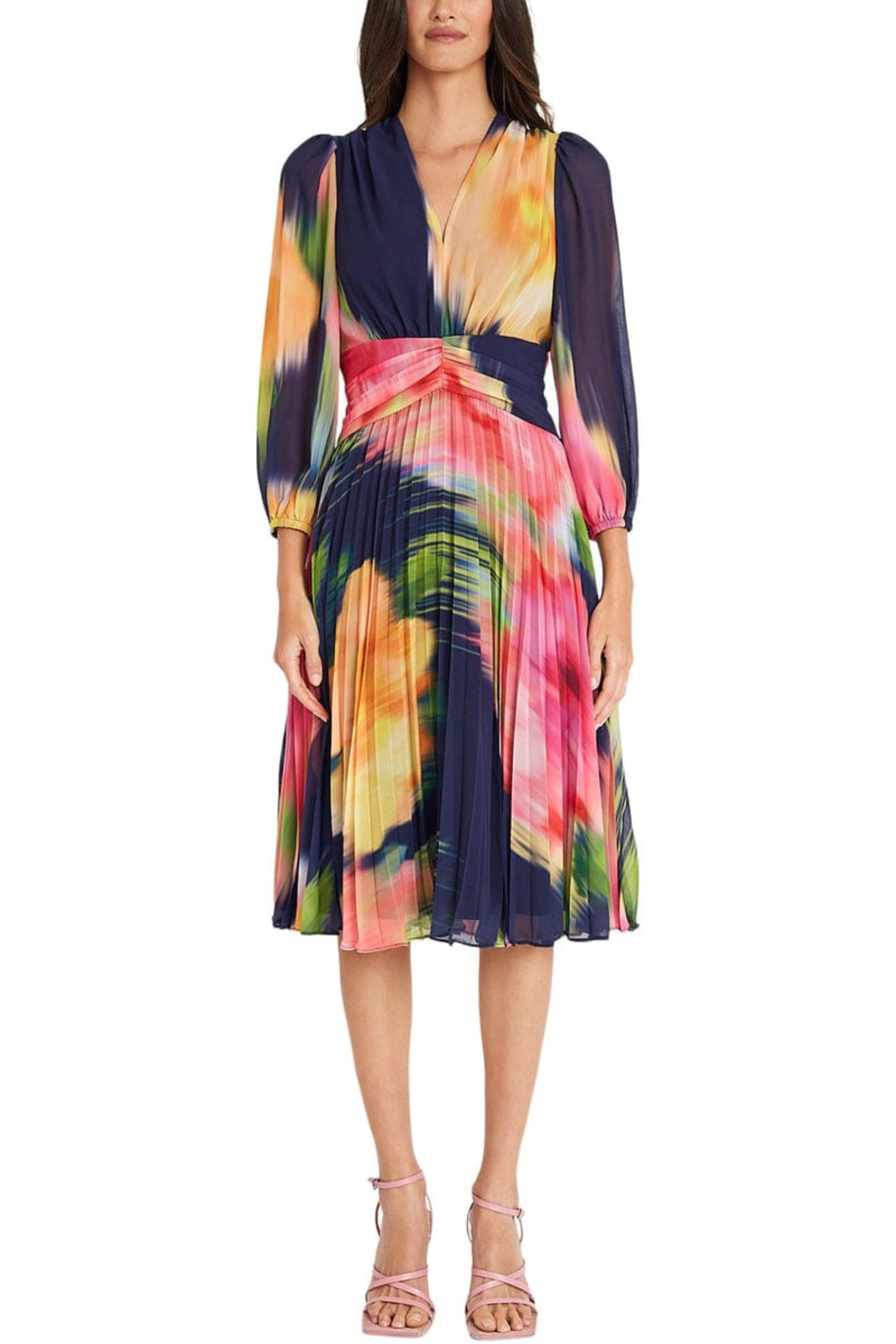 Multi Color Pleated Navy Yellow Long Sleeve Chiffon Midi Dress by Maggy London G5947M
