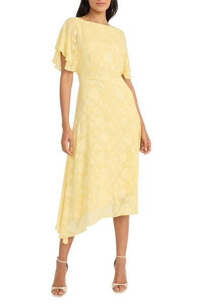 Floral Burnout Fit & Flare Rose and Sunshine Short Flutter Sleeve Floral Print Asymmetrical Hem Midi Dress by Maggy London G5966M