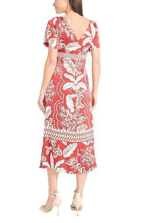 Leaf Print Short Sleeve Coffee Ivory Boat Neckline Sash Belt Side Slit Charmeuse Midi Dress by Maggy London G6019M