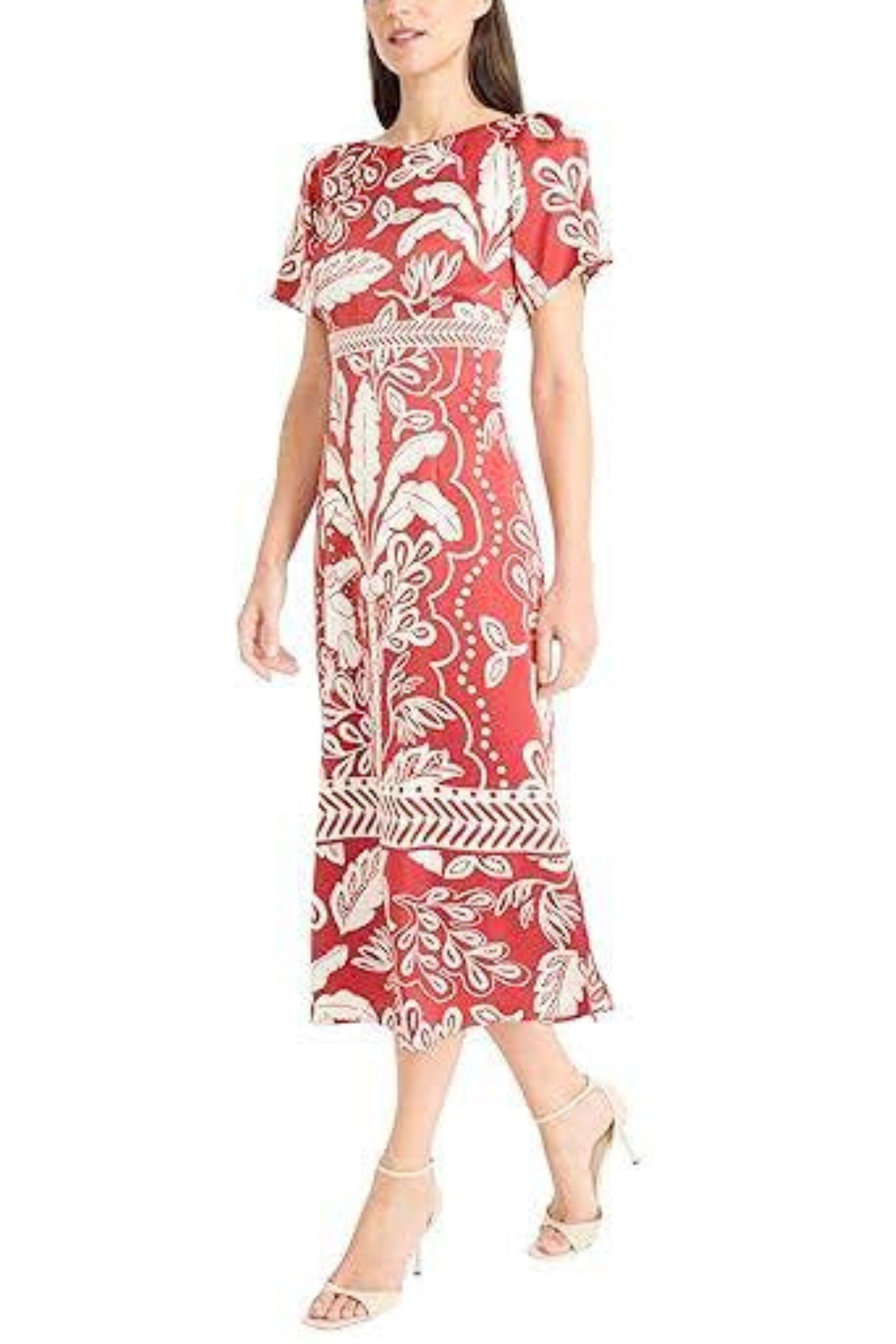 Leaf Print Short Sleeve Coffee Ivory Boat Neckline Sash Belt Side Slit Charmeuse Midi Dress by Maggy London G6019M