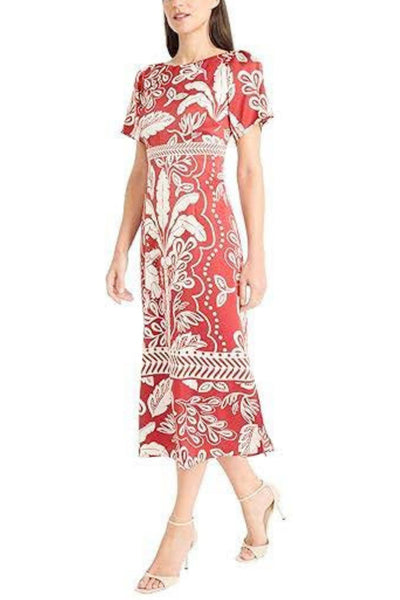Leaf Print Short Sleeve Coffee Ivory Boat Neckline Sash Belt Side Slit Charmeuse Midi Dress by Maggy London G6019M