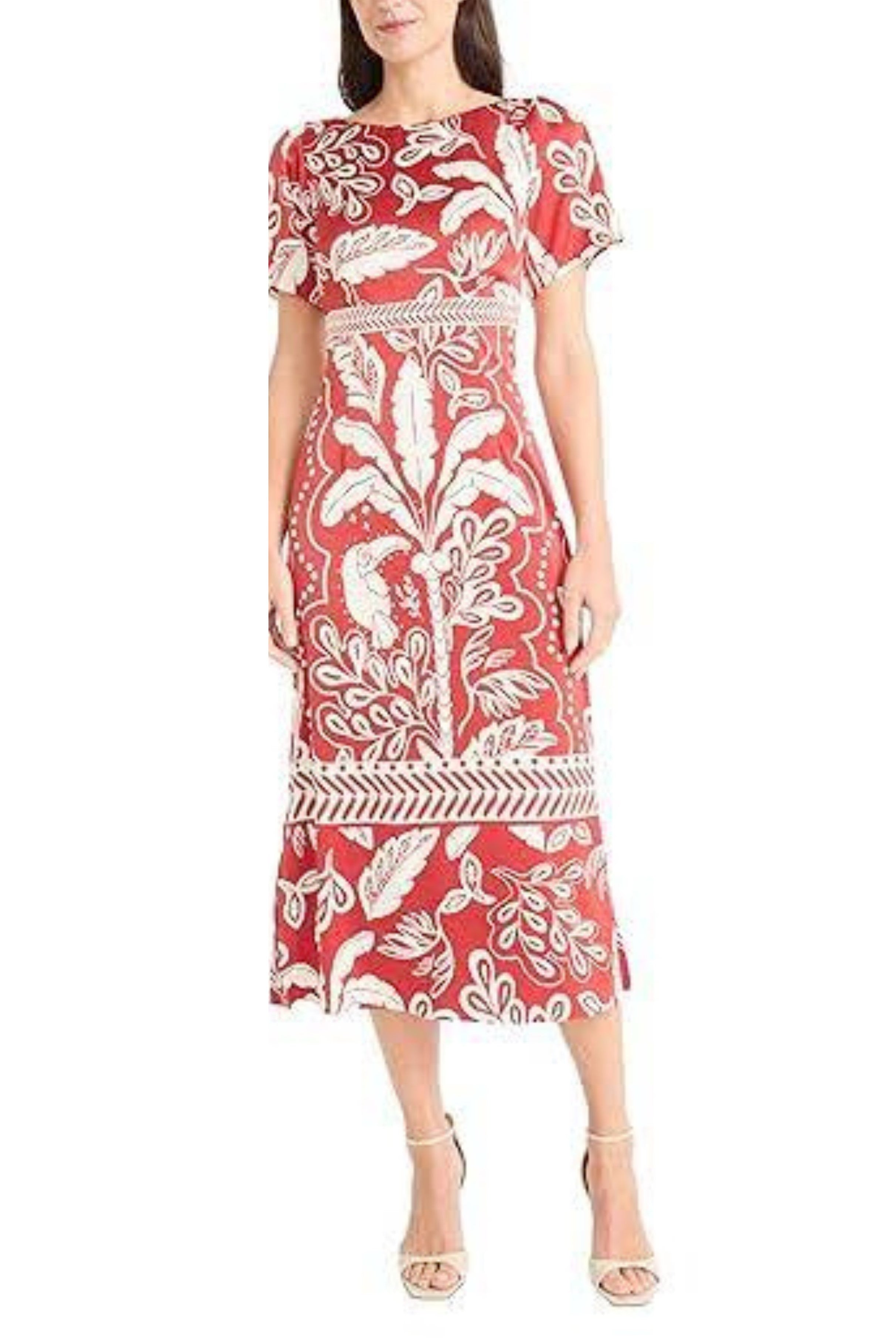 Leaf Print Short Sleeve Coffee Ivory Boat Neckline Sash Belt Side Slit Charmeuse Midi Dress by Maggy London G6019M