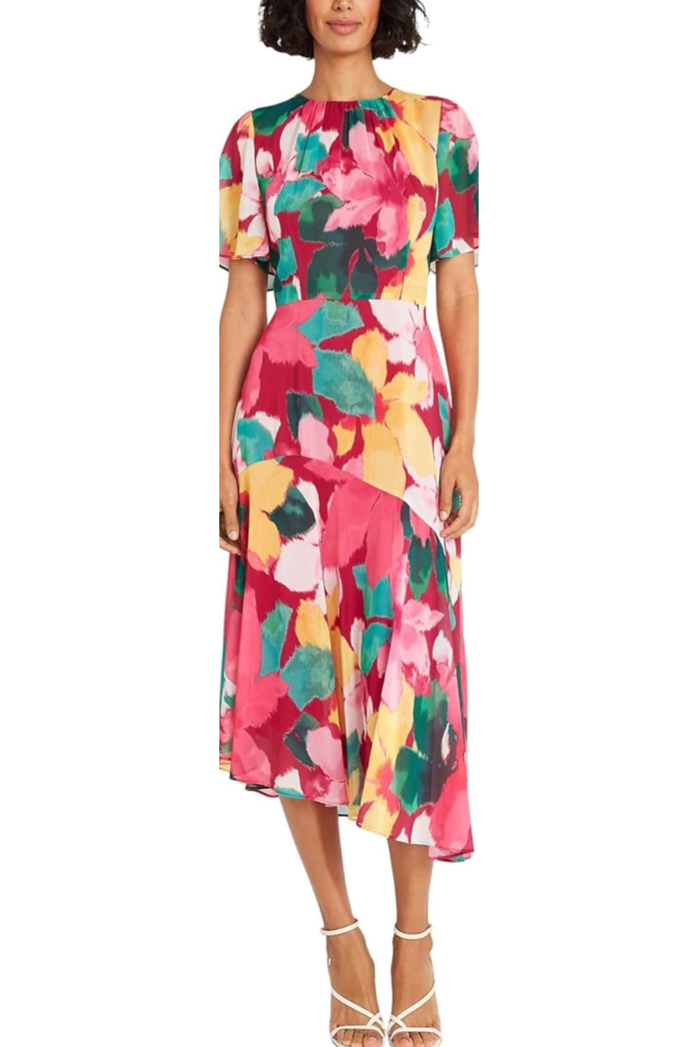 Multi Color Short Sleeve Beet Yellow and Navy Blue Short Flutter Sleeve Midi Dress by Maggy London G6068M