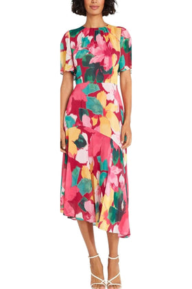 Maggy London G6068M Multi Color Short Sleeve Beet Yellow and Navy Blue Short Flutter Sleeve Midi Dress