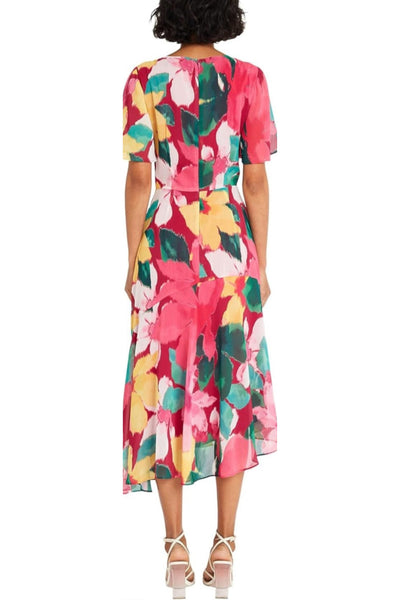 Multi Color Short Sleeve Beet Yellow and Navy Blue Short Flutter Sleeve Midi Dress by Maggy London G6068M