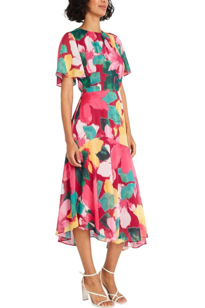 Multi Color Short Sleeve Beet Yellow and Navy Blue Short Flutter Sleeve Midi Dress by Maggy London G6068M