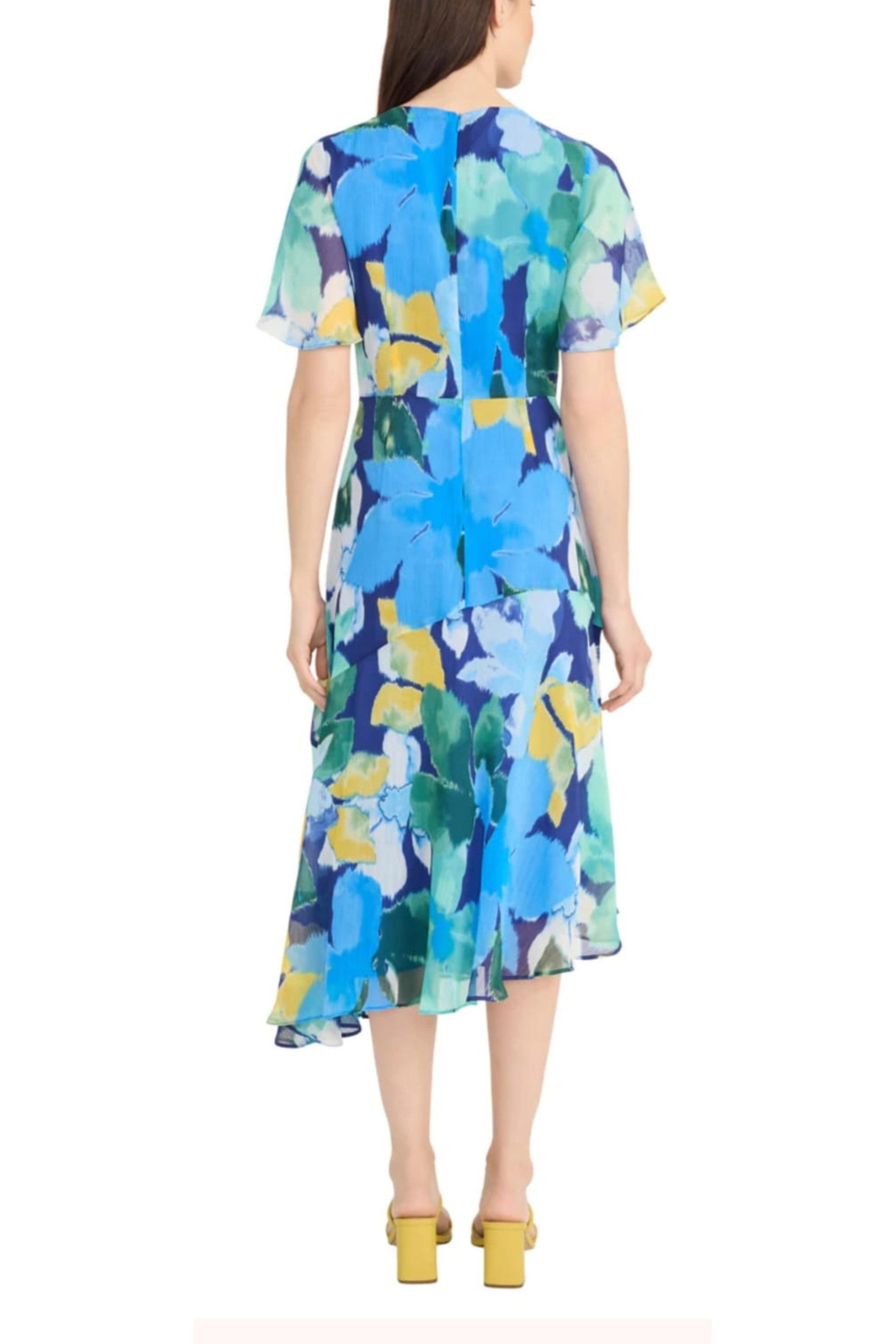 Multi Color Short Sleeve Beet Yellow and Navy Blue Short Flutter Sleeve Midi Dress by Maggy London G6068M