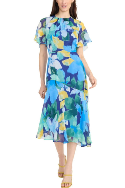 Multi Color Short Sleeve Beet Yellow and Navy Blue Short Flutter Sleeve Midi Dress by Maggy London G6068M