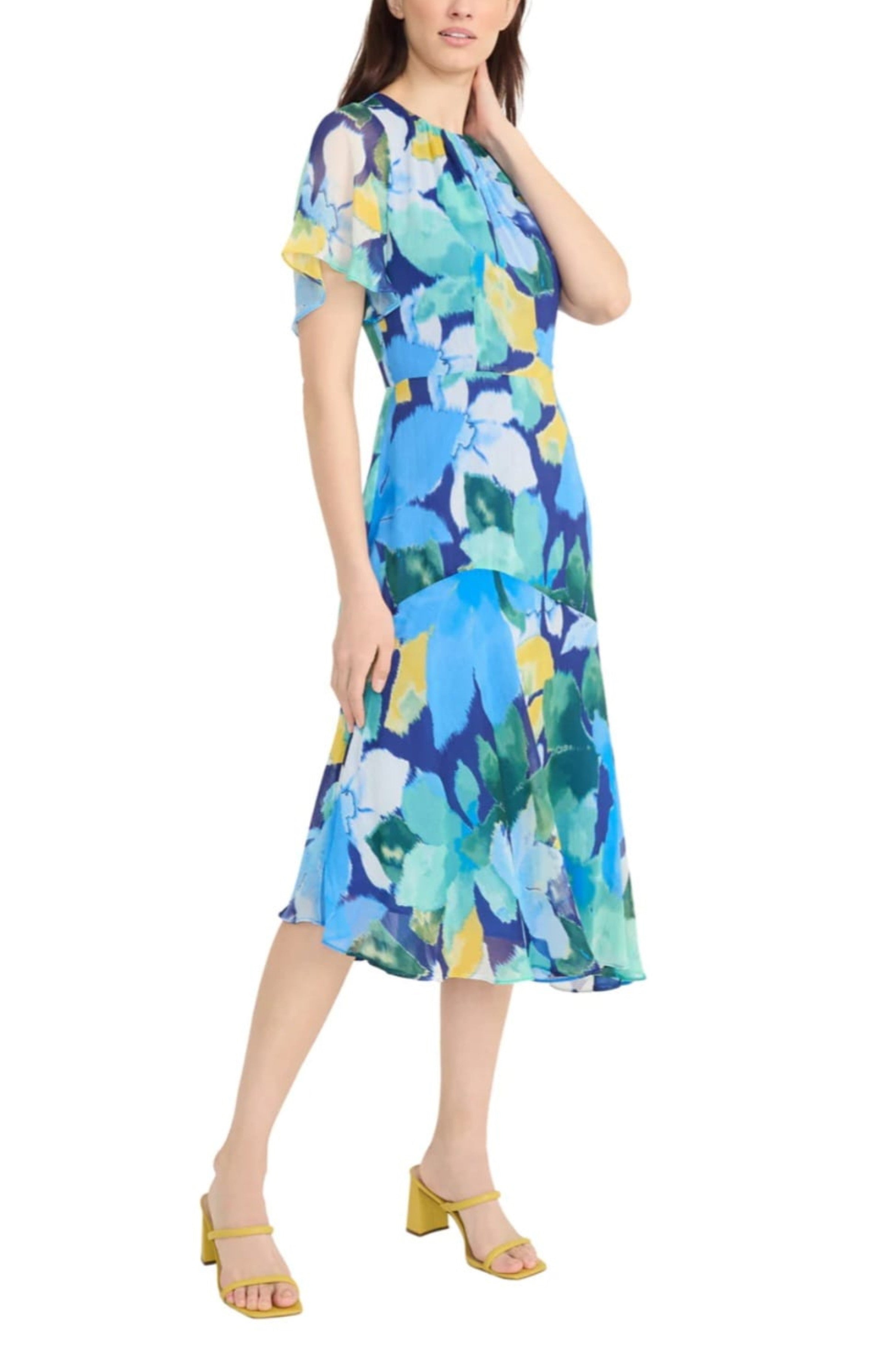 Multi Color Short Sleeve Beet Yellow and Navy Blue Short Flutter Sleeve Midi Dress by Maggy London G6068M