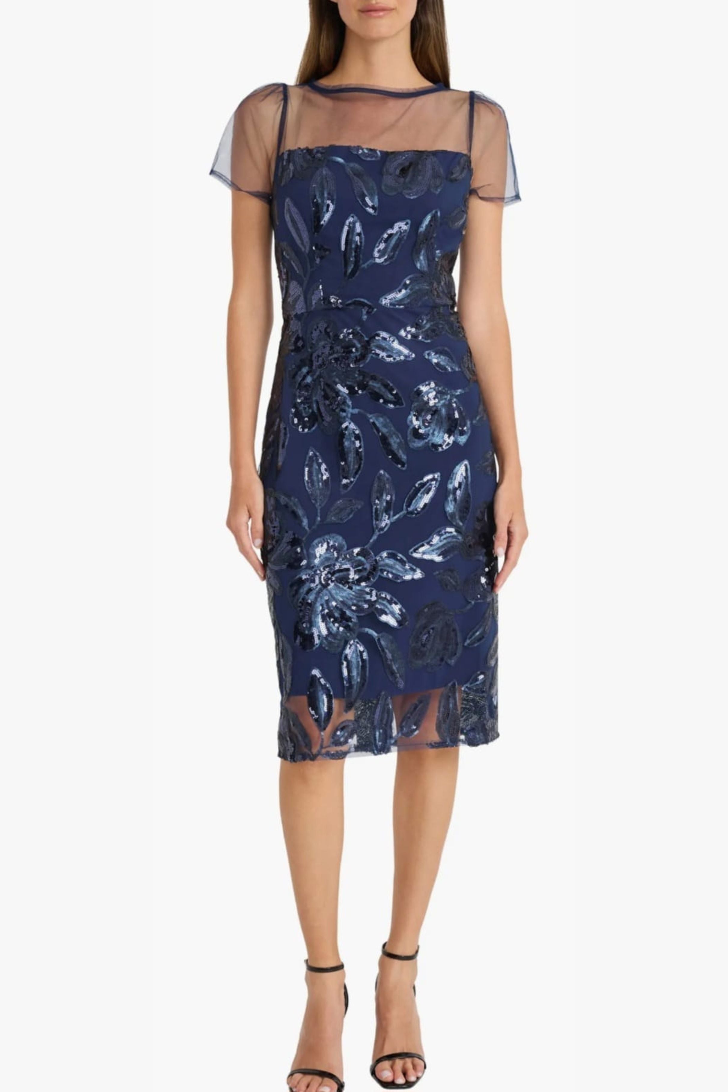 Sequin Illusion Short Navy Floral Print Party Dress by Maggy London G6089M