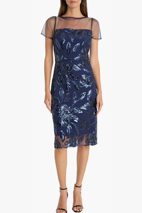 Maggy London G6089M Sequin Illusion Short Navy Floral Print Party Dress