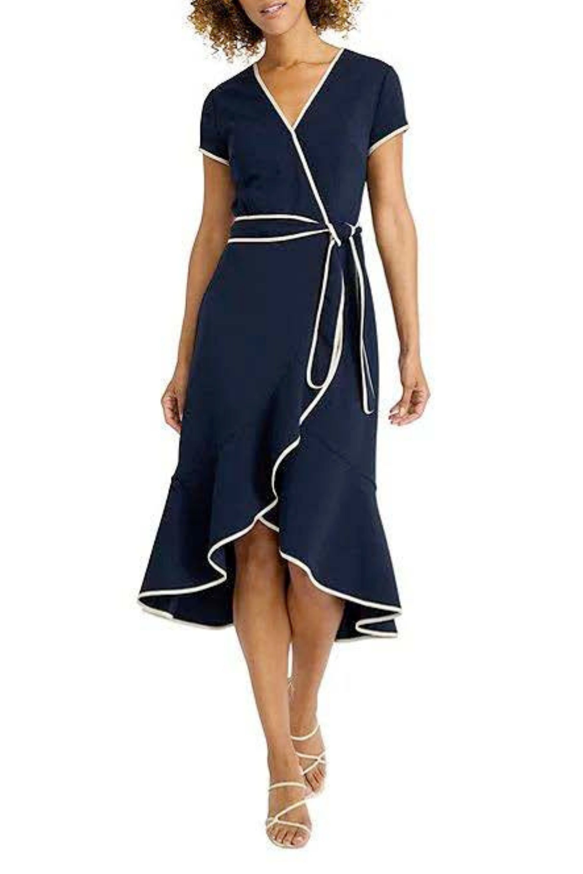 Faux Wrap A-Line Day Twilight Navy Sash Belt Contrast Piping Dress by Maggy London G6097M