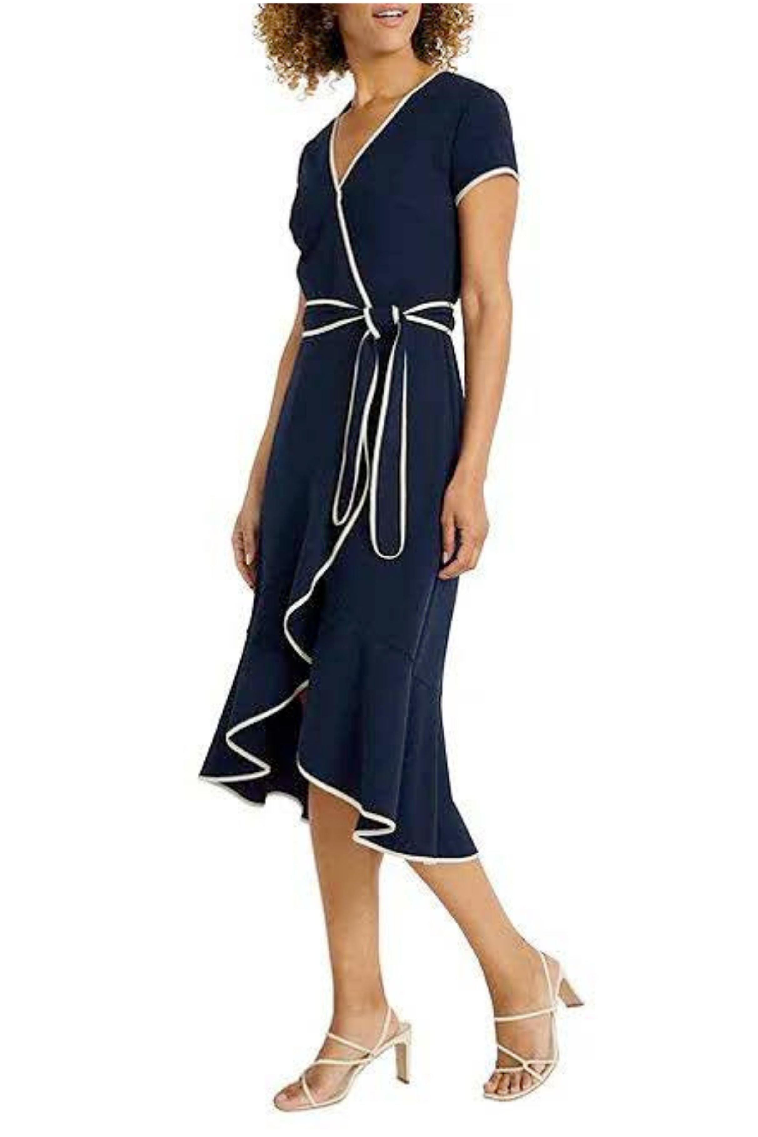 Faux Wrap A-Line Day Twilight Navy Sash Belt Contrast Piping Dress by Maggy London G6097M