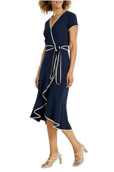 Faux Wrap A-Line Day Twilight Navy Sash Belt Contrast Piping Dress by Maggy London G6097M