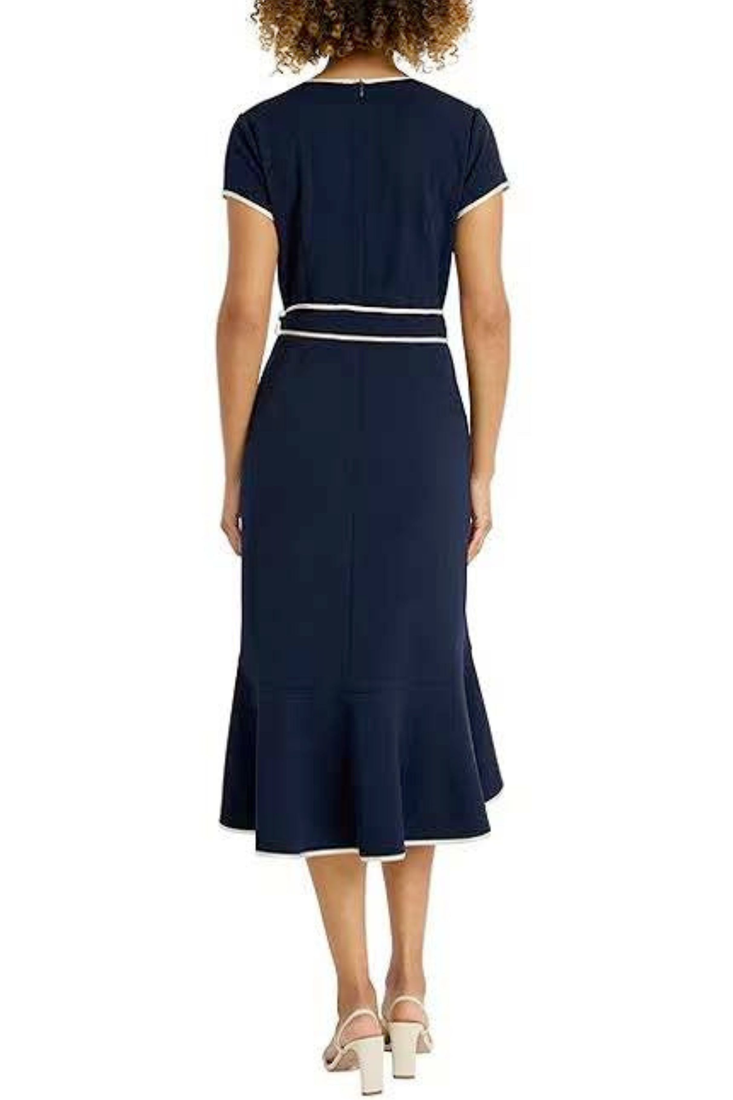 Faux Wrap A-Line Day Twilight Navy Sash Belt Contrast Piping Dress by Maggy London G6097M