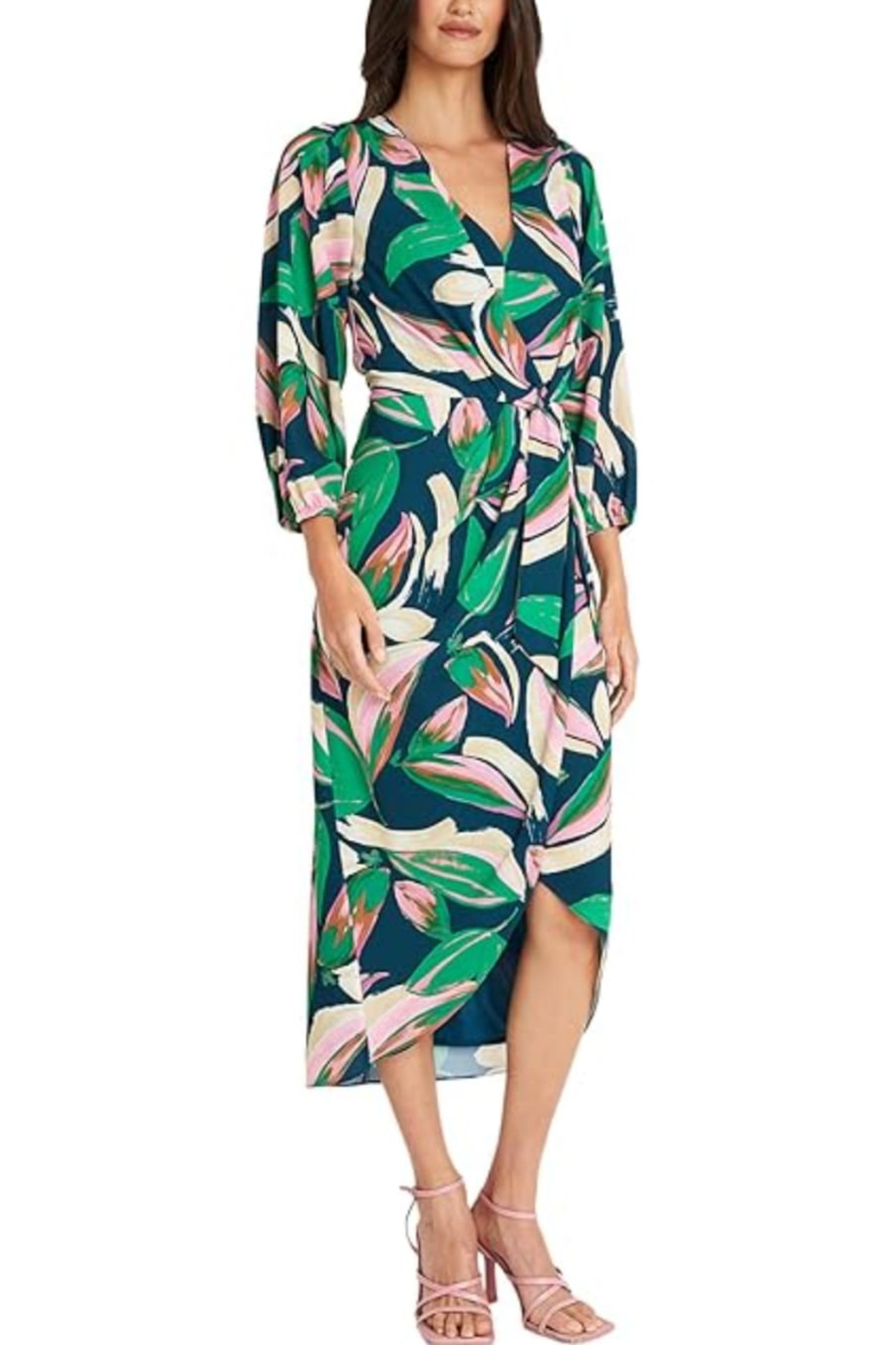 Multi Color Faux Wrap Navy Pink Emerald Midi Dress by Maggy London G6115M