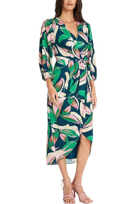 Maggy London G6115M Multi Color Faux Wrap Navy Pink Emerald Midi Dress
