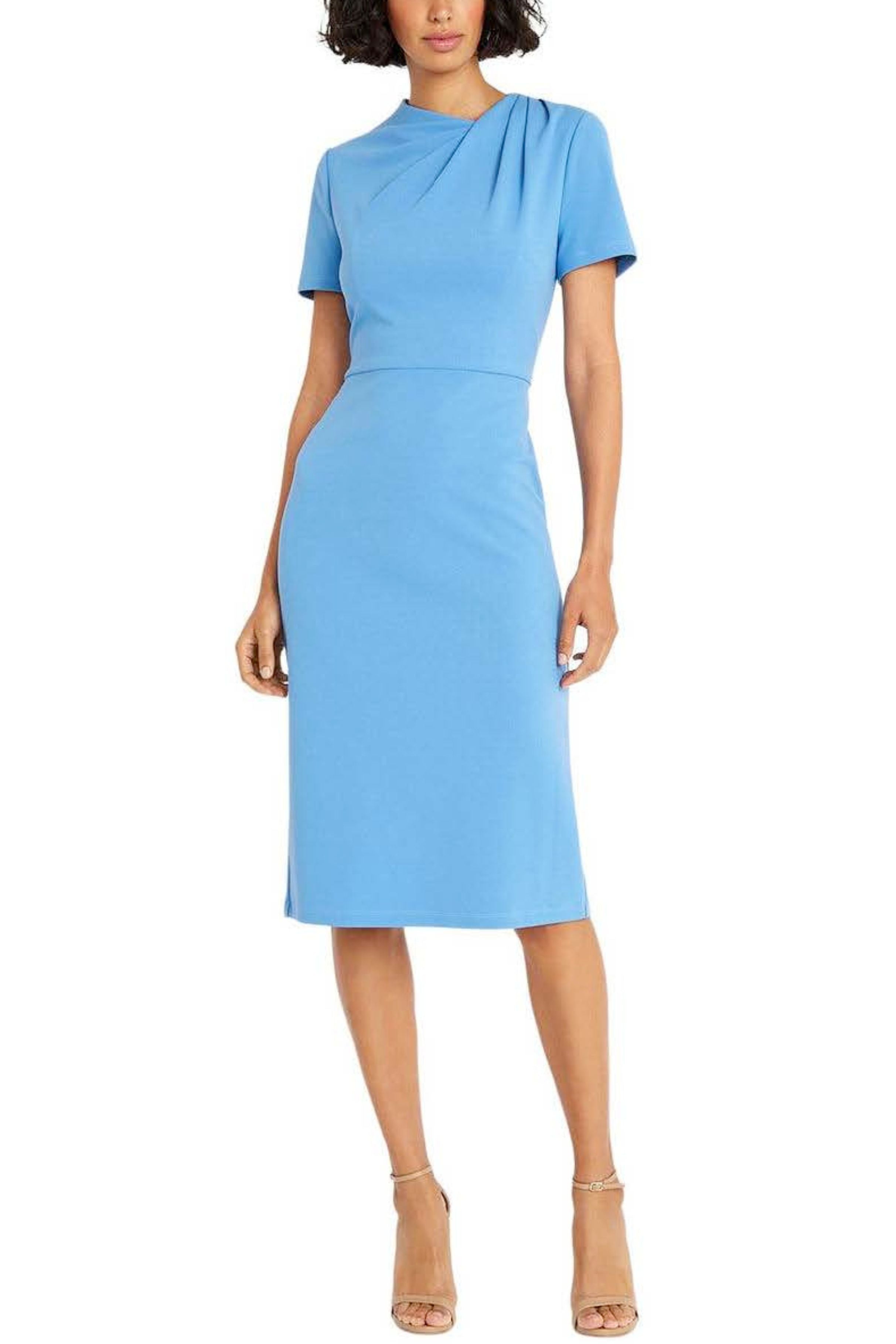 Pleated Neck Blue Bonnet Short Sleeve Sheath Dress by Maggy London G6124M