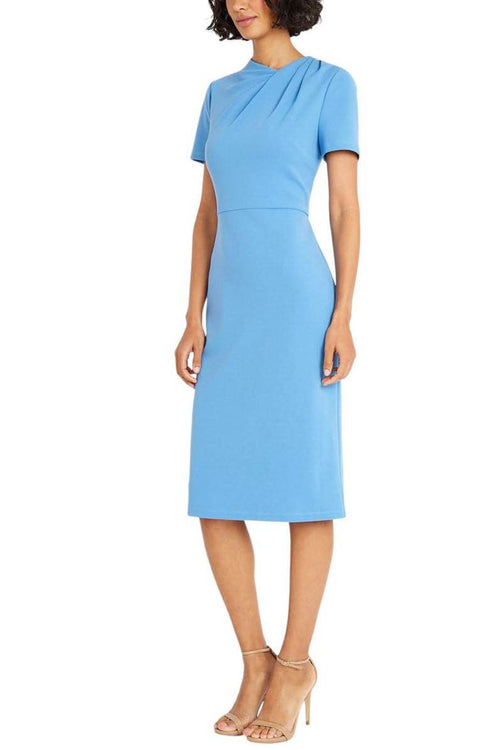 Pleated Neck Blue Bonnet Short Sleeve Sheath Dress by Maggy London G6124M