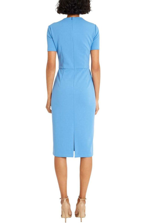 Pleated Neck Blue Bonnet Short Sleeve Sheath Dress by Maggy London G6124M
