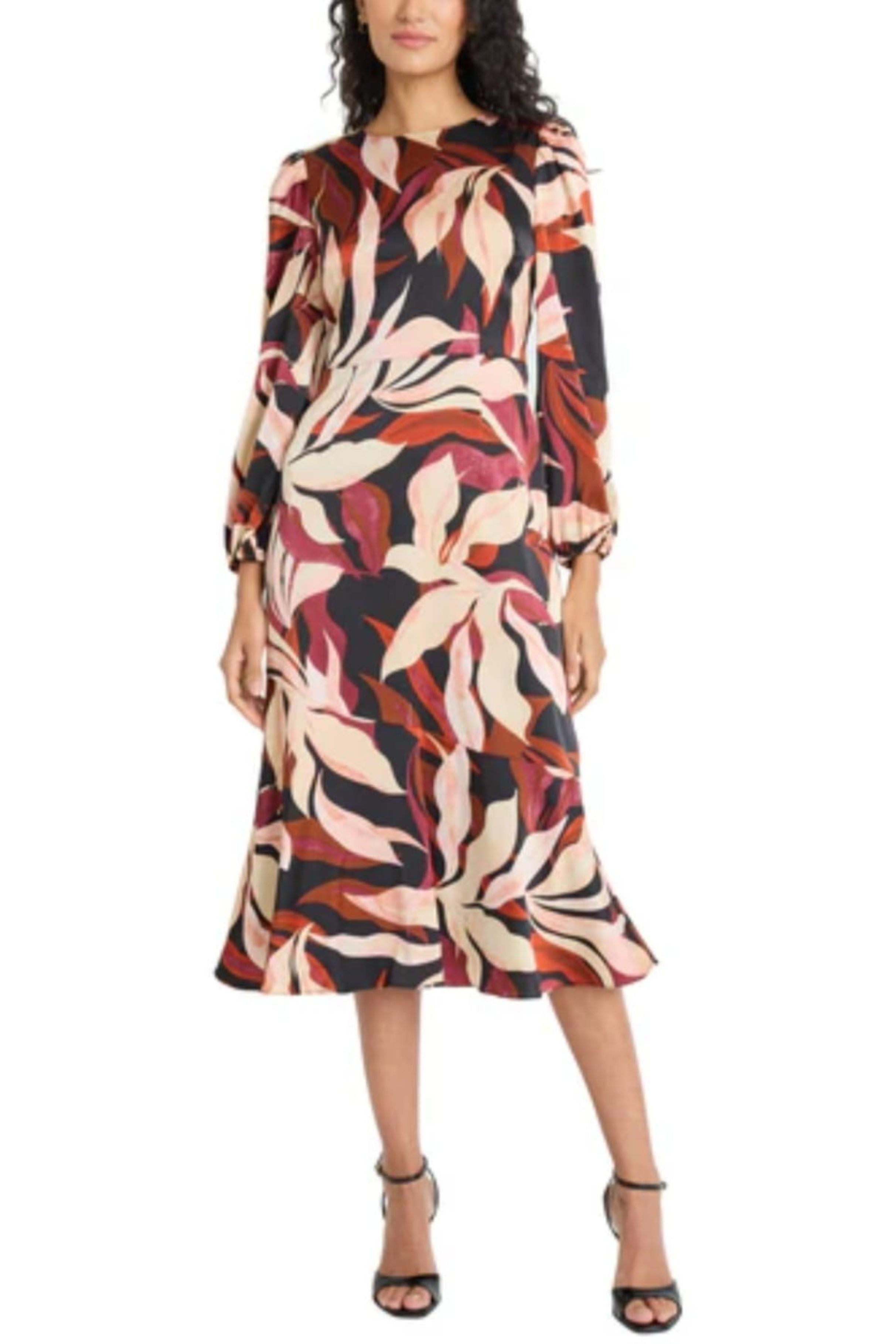 Maggy London G6268M Leaf Print Long Sleeve Black Rust Charmuse Midi