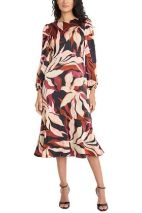 Maggy London G6268M Leaf Print Long Sleeve Black Rust Charmuse Midi Dress