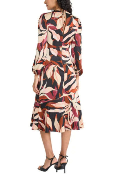 Leaf Print Long Sleeve Black Rust Charmuse Midi Dress by Maggy London G6268M