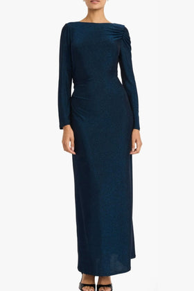 Maggy London G6319M Shimmer Long Sleeve Navy Round Neckline Shirred Gown