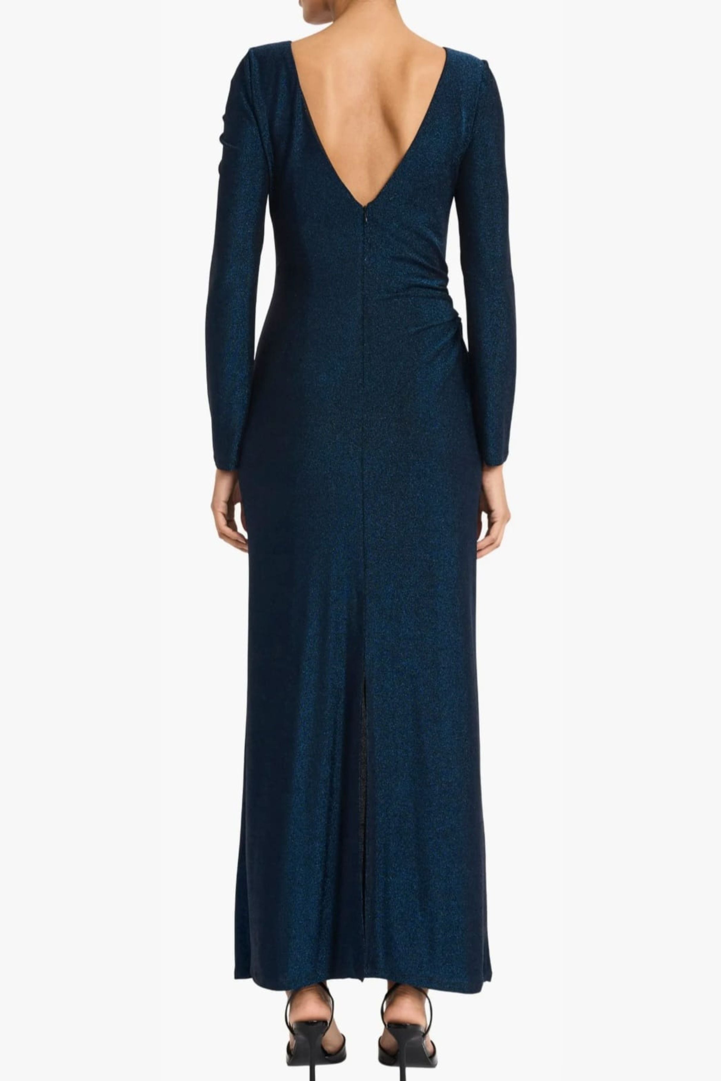 Shimmer Long Sleeve Navy Round Neckline Shirred Gown by Maggy London G6319M