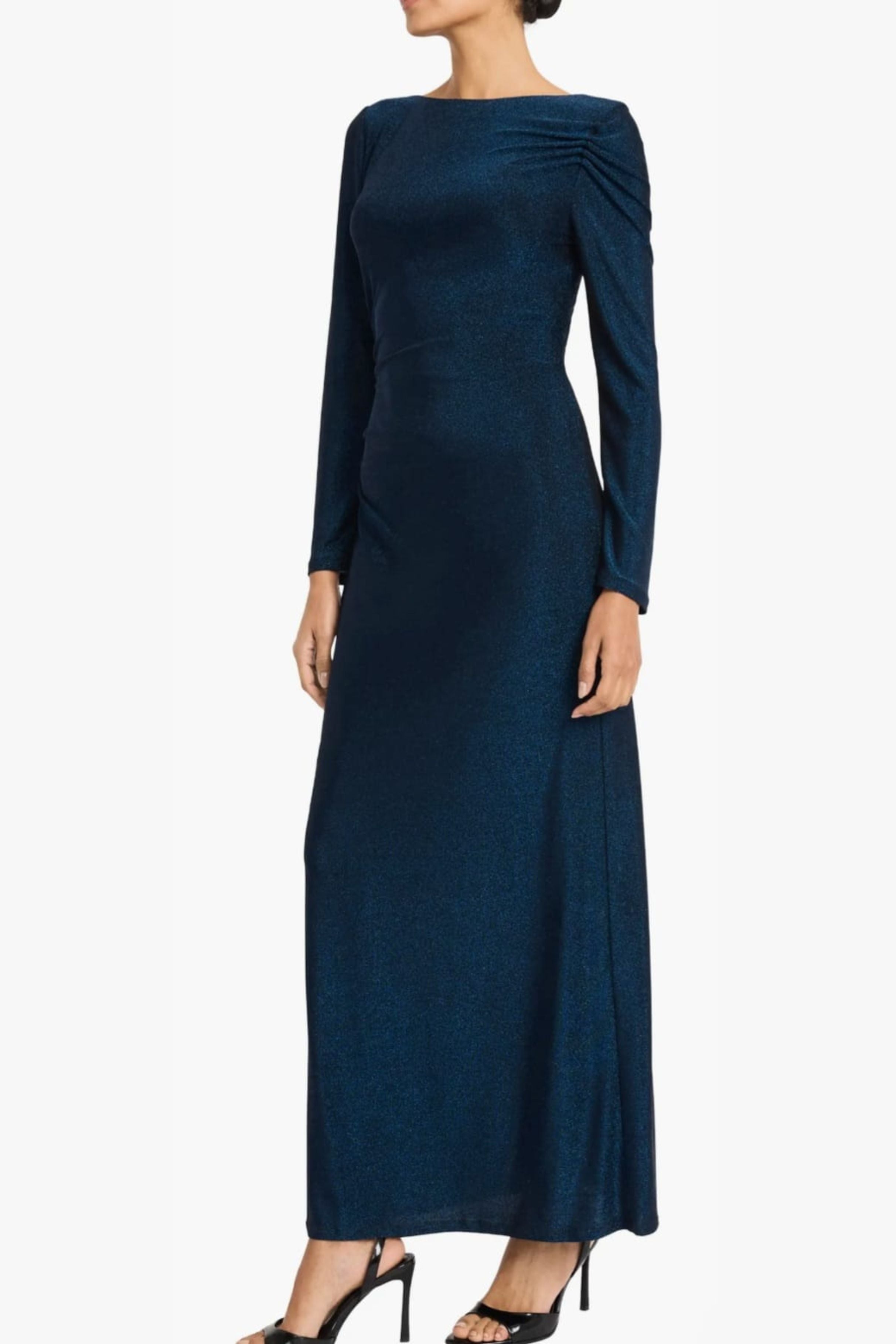 Shimmer Long Sleeve Navy Round Neckline Shirred Gown by Maggy London G6319M