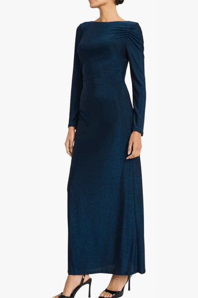 Shimmer Long Sleeve Navy Round Neckline Shirred Gown by Maggy London G6319M