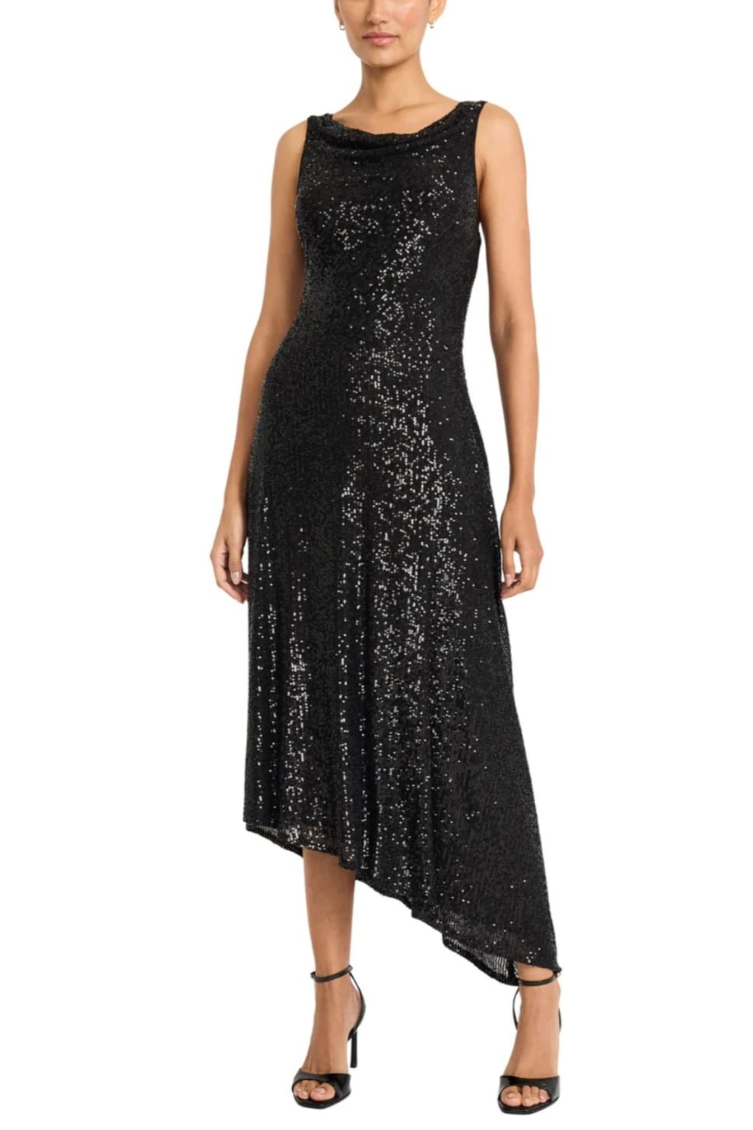 Cowl Neck Full Sequin Black Cowl Neckline Sleeveless Party Dress by Maggy London G6325M