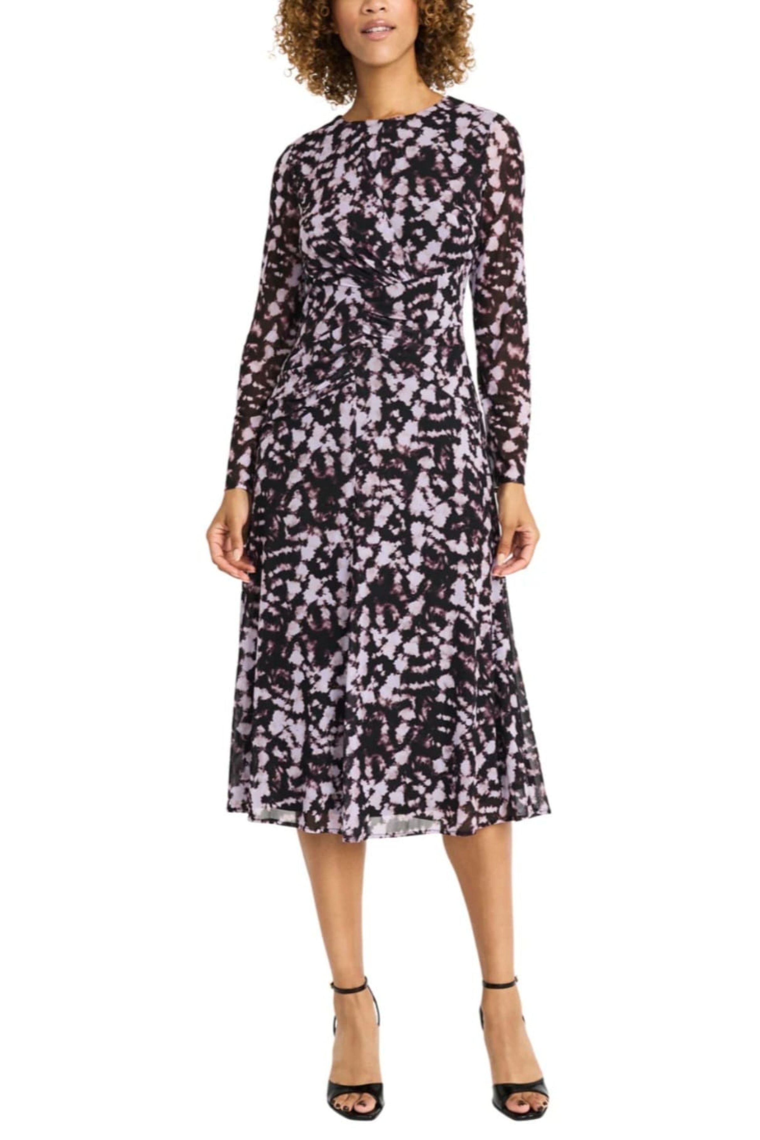 Multi Color A-Line Lilac Black Long Sleeve Pleated Midi Dress by Maggy London G6333M