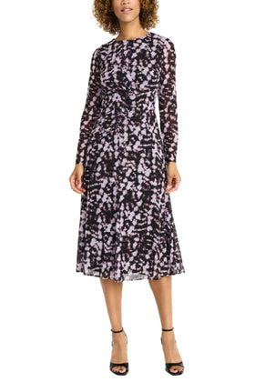 Maggy London G6333M Multi Color A-Line Lilac Black Long Sleeve Pleated Midi Dress