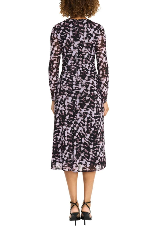 Multi Color A-Line Lilac Black Long Sleeve Pleated Midi Dress by Maggy London G6333M