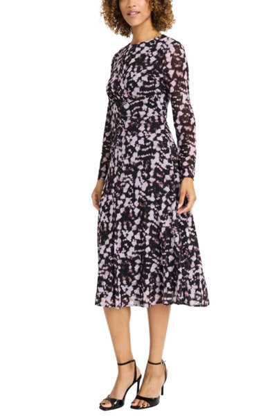 Multi Color A-Line Lilac Black Long Sleeve Pleated Midi Dress by Maggy London G6333M