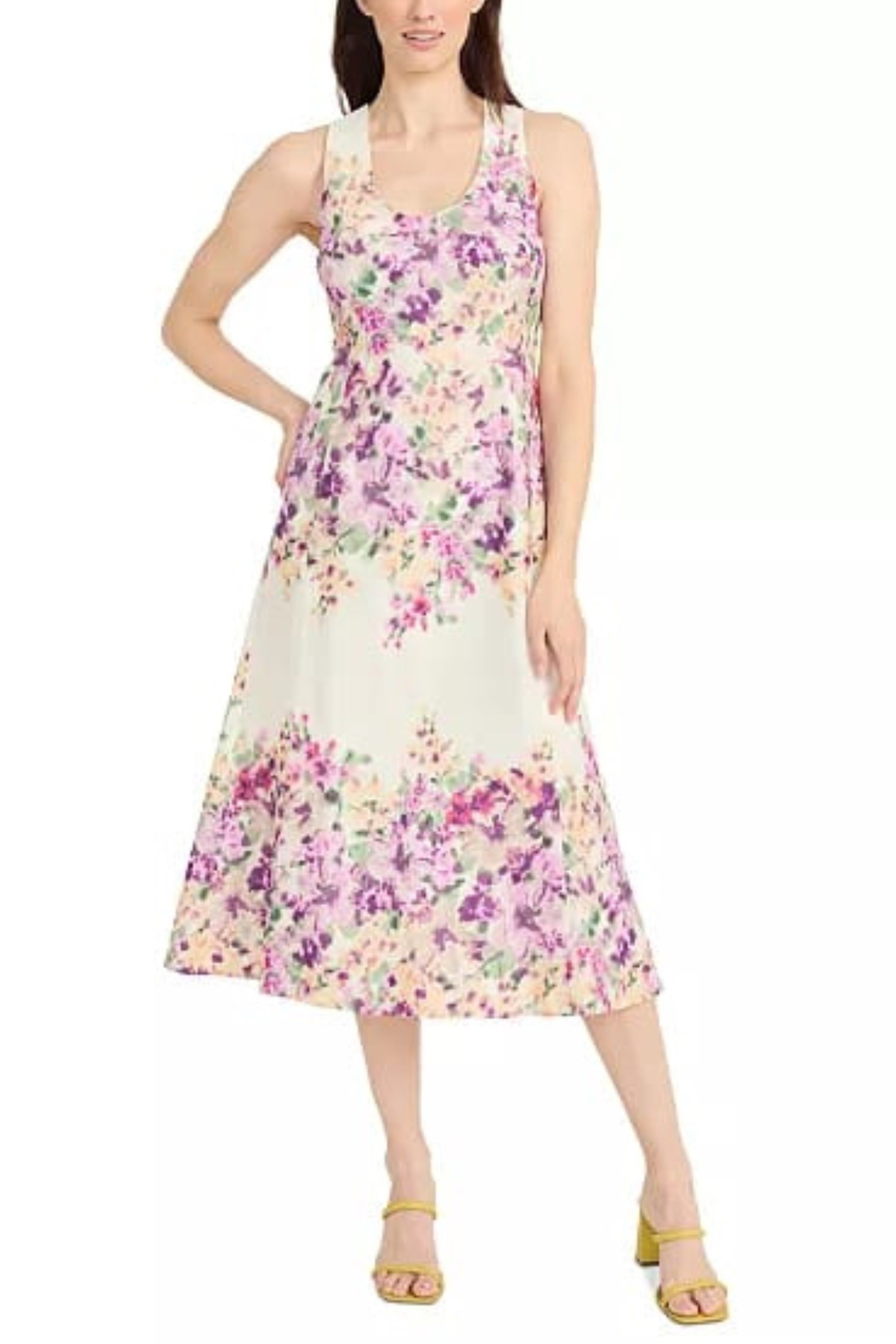 Floral Print A-Line Ivory Pink Midi Dress by Maggy London G6339M