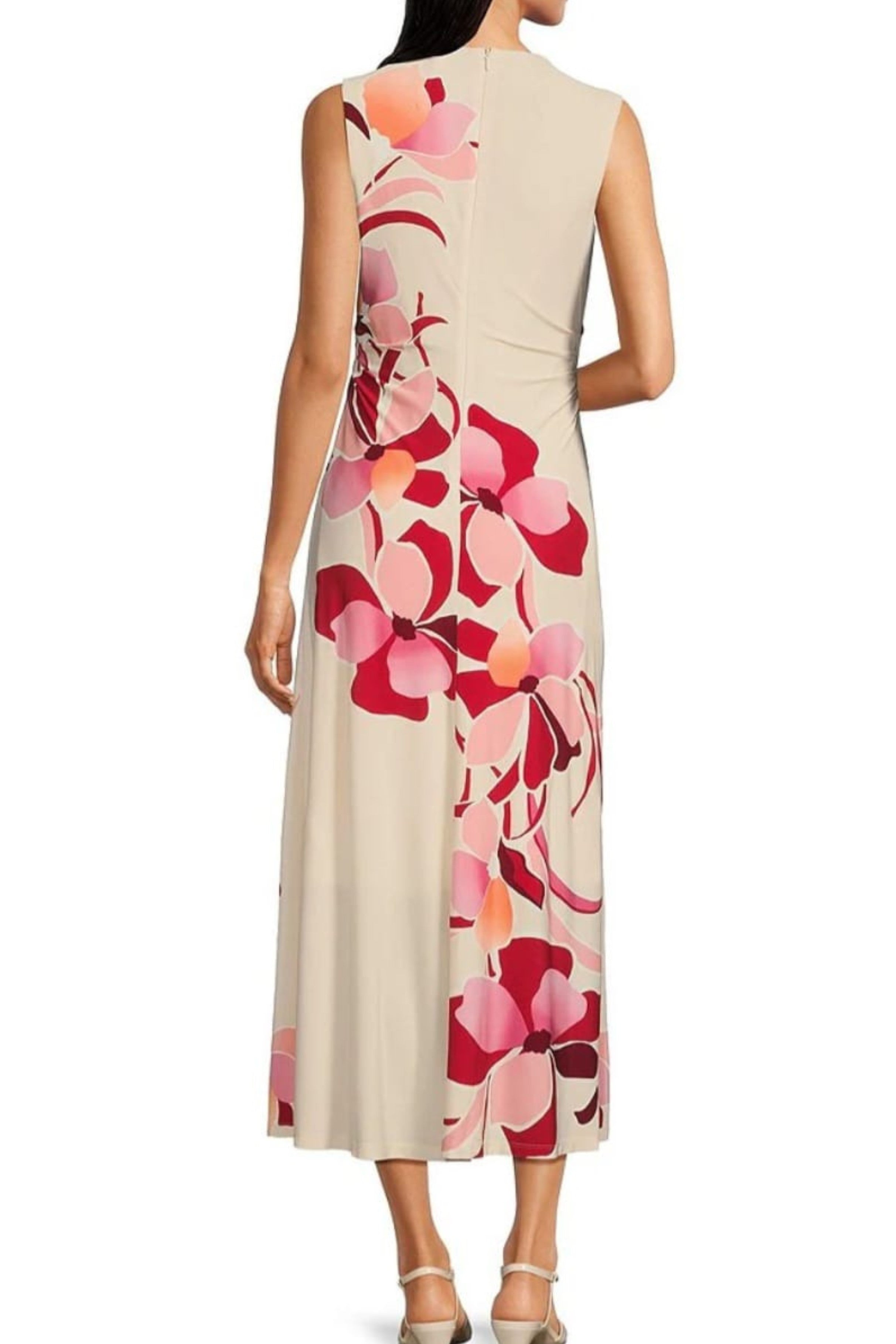 Sleeveless Mock Neck Cream Rose Floral Print Pleated Midi Dress by Maggy London G6341M