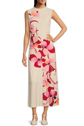 Maggy London G6341M Sleeveless Mock Neck Cream Rose Floral Print Pleated Midi Dress