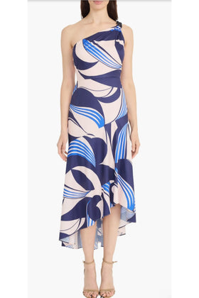 Maggy London G6348M One Shoulder Drop Waist Navy Blush High Low Midi Dress