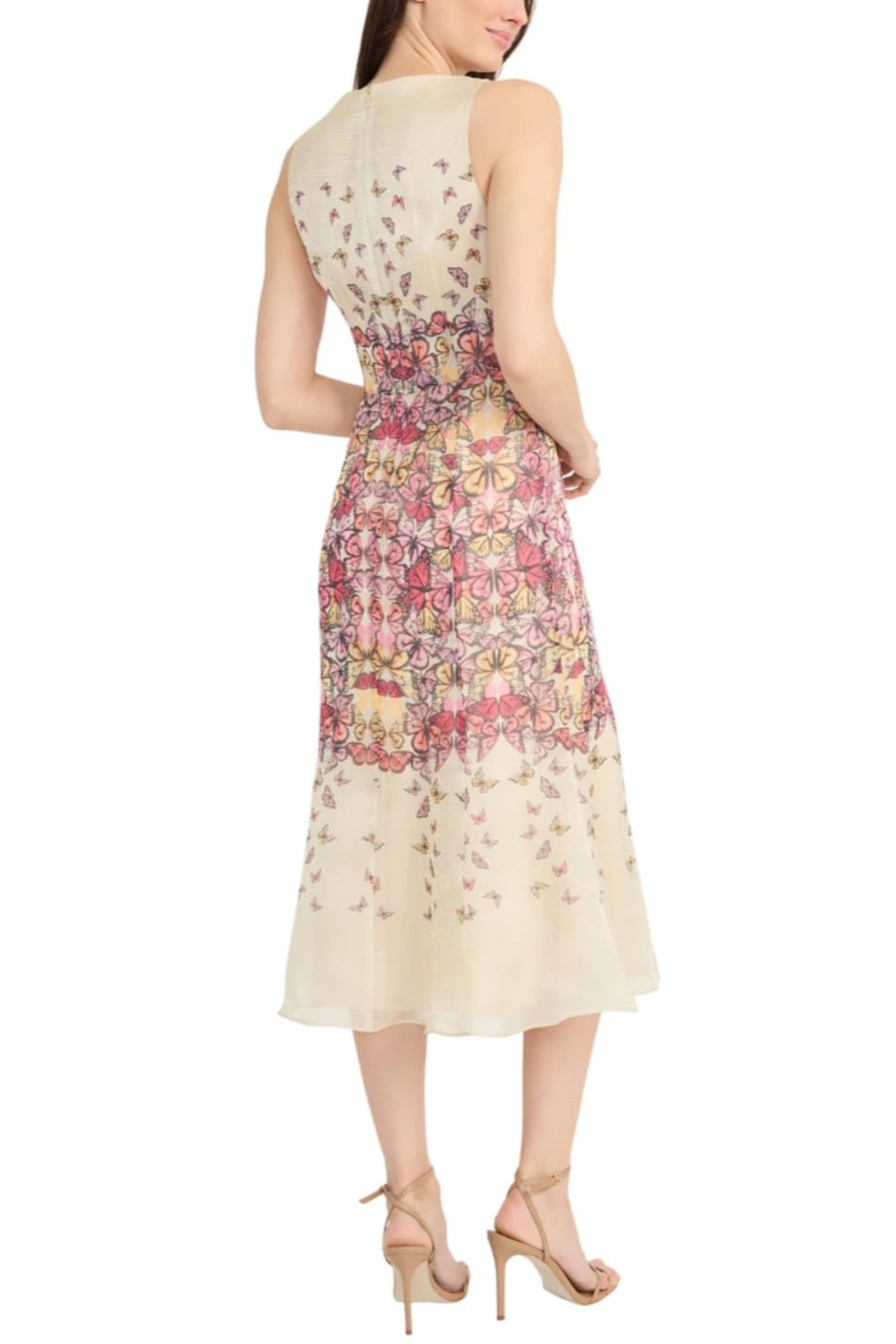 Butterfly Print A-Line Ivory Pink Sleeveless Midi Dress by Maggy London G6368M