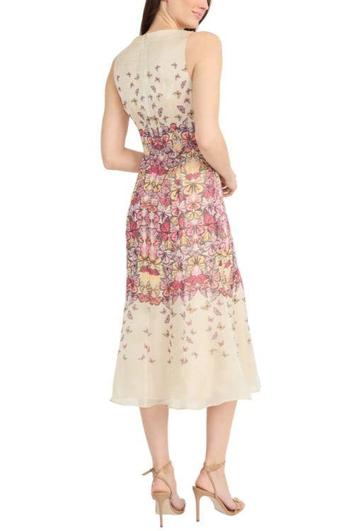 Butterfly Print A-Line Ivory Pink Sleeveless Midi Dress by Maggy London G6368M