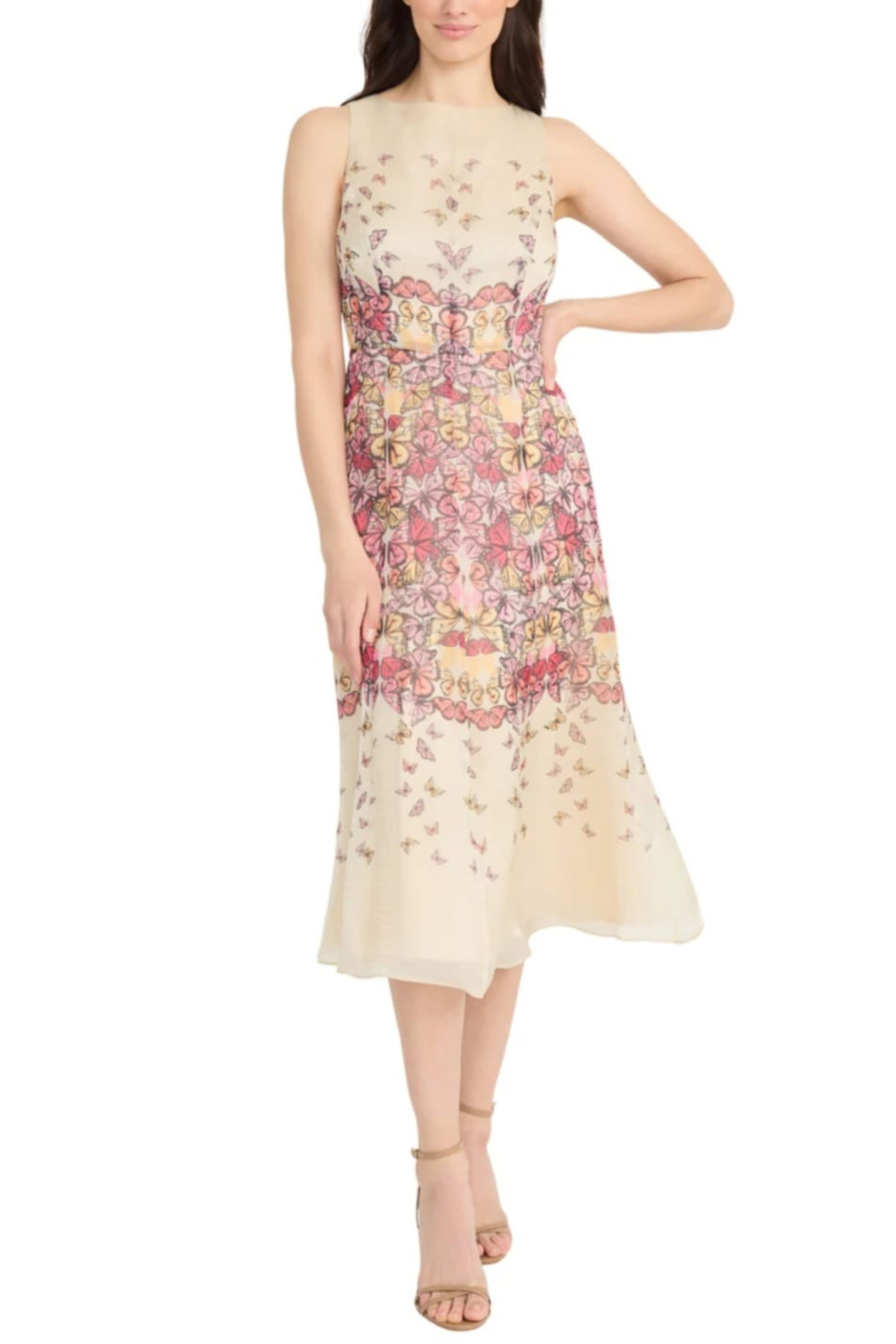 Butterfly Print A-Line Ivory Pink Sleeveless Midi Dress by Maggy London G6368M