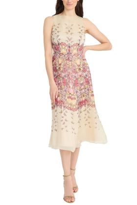 Maggy London G6368M Butterfly Print A-Line Ivory Pink Sleeveless Midi Dress