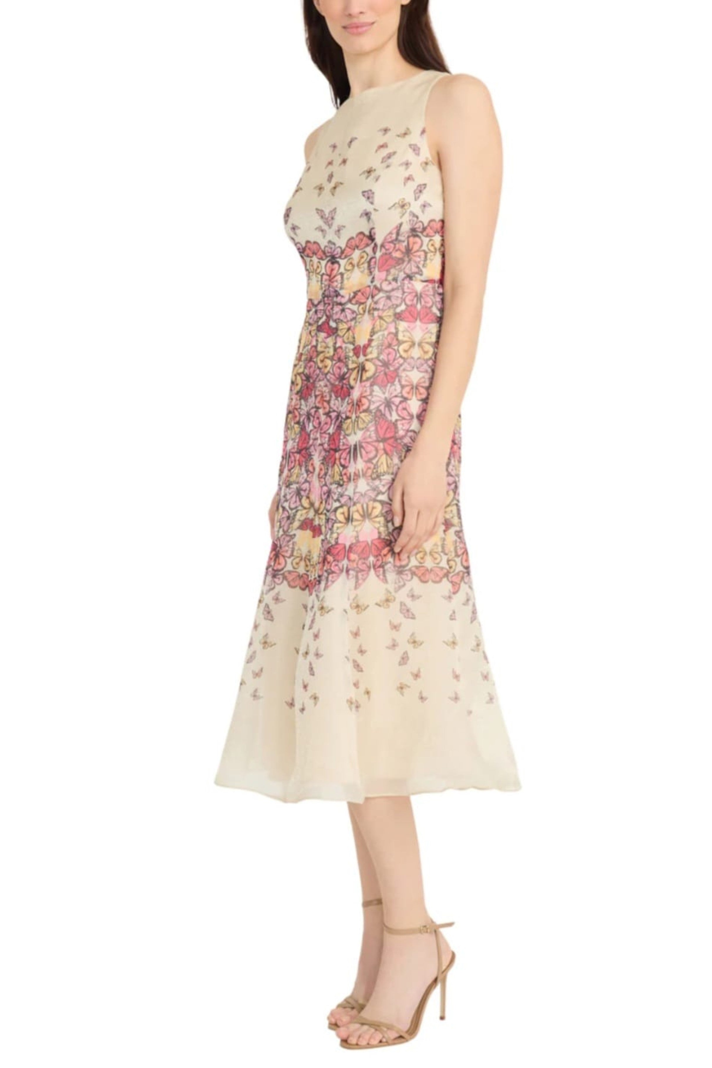 Butterfly Print A-Line Ivory Pink Sleeveless Midi Dress by Maggy London G6368M
